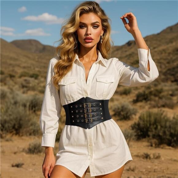 ✨ Vintage Waspie Corset Wide Belt | PU Leather, Elastic Fit, Retro Gold Buckle - Picture 1 of 2